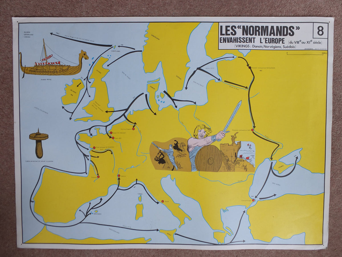 Original Vintage Rossignol French school poster Normans Charlemagne Treaty of Verdun Western Europe 1960s wall art