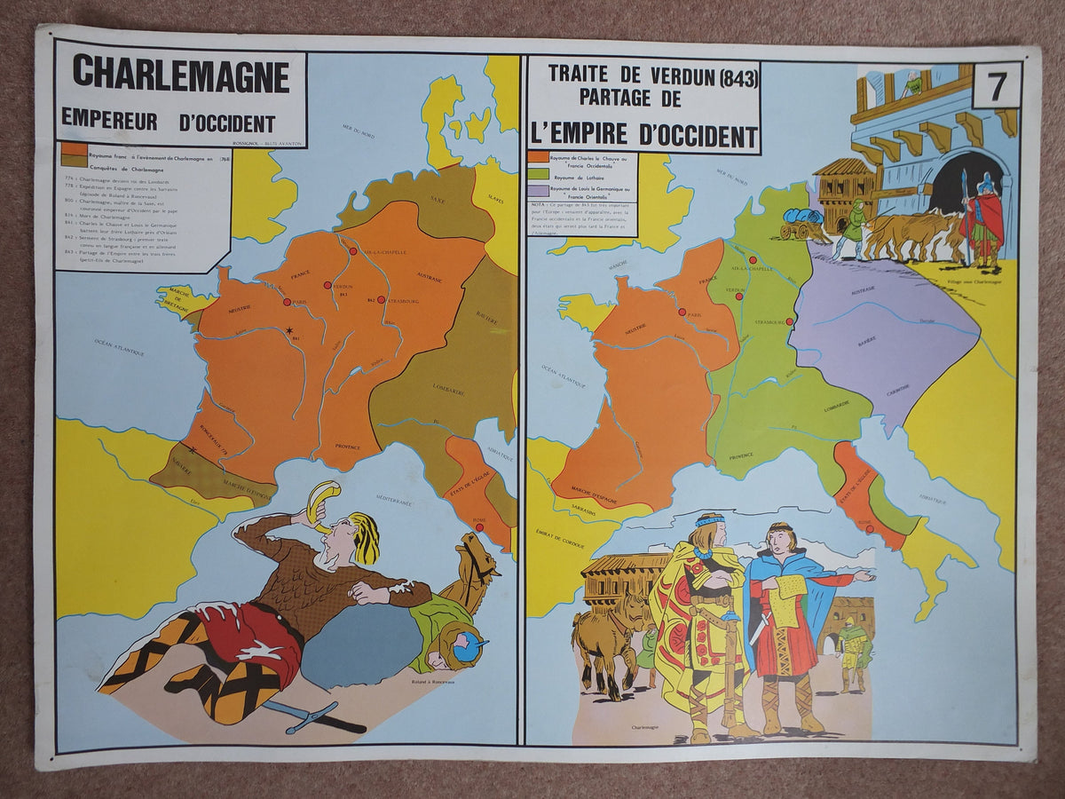 Original Vintage Rossignol French school poster Normans Charlemagne Treaty of Verdun Western Europe 1960s wall art