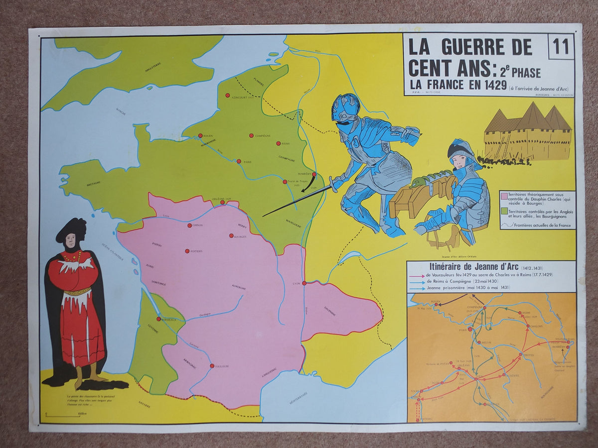 Original Vintage Rossignol French school poster One Hundred Years War Joan of Arc Louis 11 XI 1960s wall art
