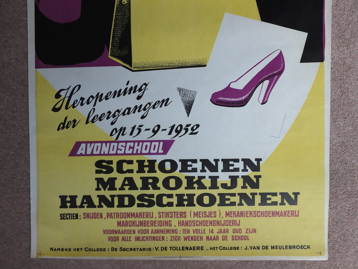 Vintage Handbag and Heels Poster, Brussels Institute of Arts and Crafts, gloves high heel shoes fashion Belgium wall art retro 1950s 1952