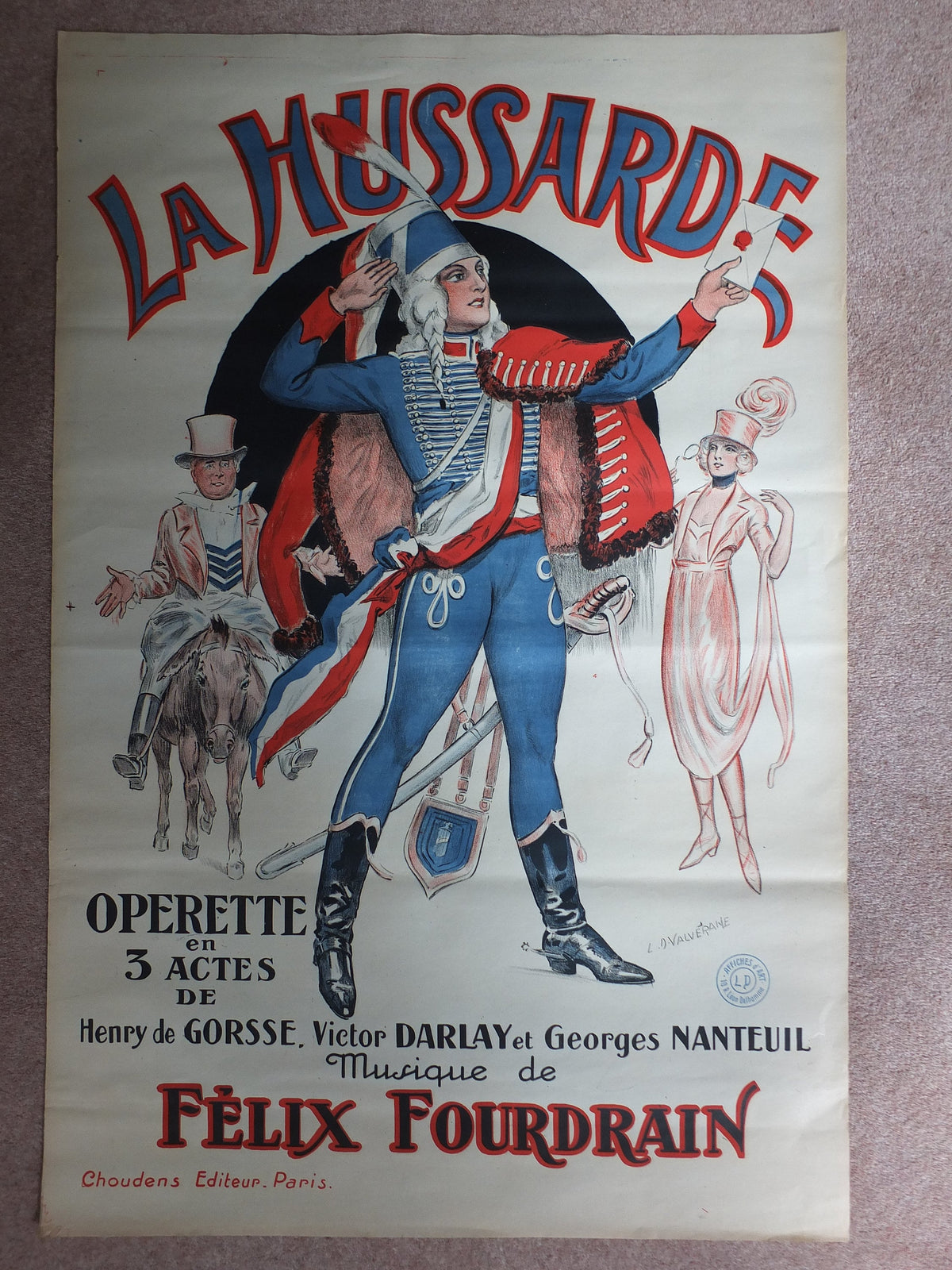 Original Vintage French poster La Hussarde theatre opera advertising art deco nouveau print L D Valdeane wall art retro 1920s 1925