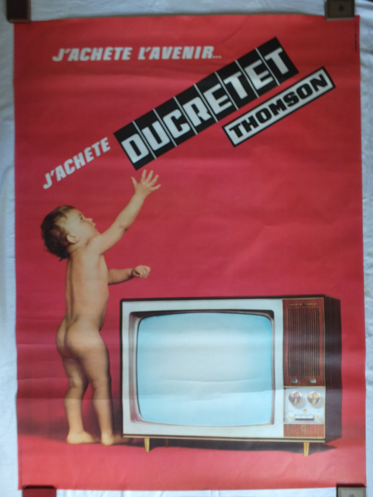 Vintage Baby Poster, French Ducretet Thomson, HOT pink, television j'achete l'avenir future advertising print wall art retro 1960s 1966