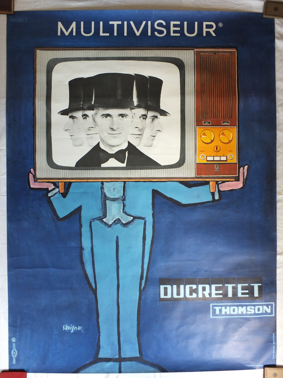 1965 Original Savignac Poster, Ducretet Thomson Television, blue multiviseur TV media, advertising wall art retro decor