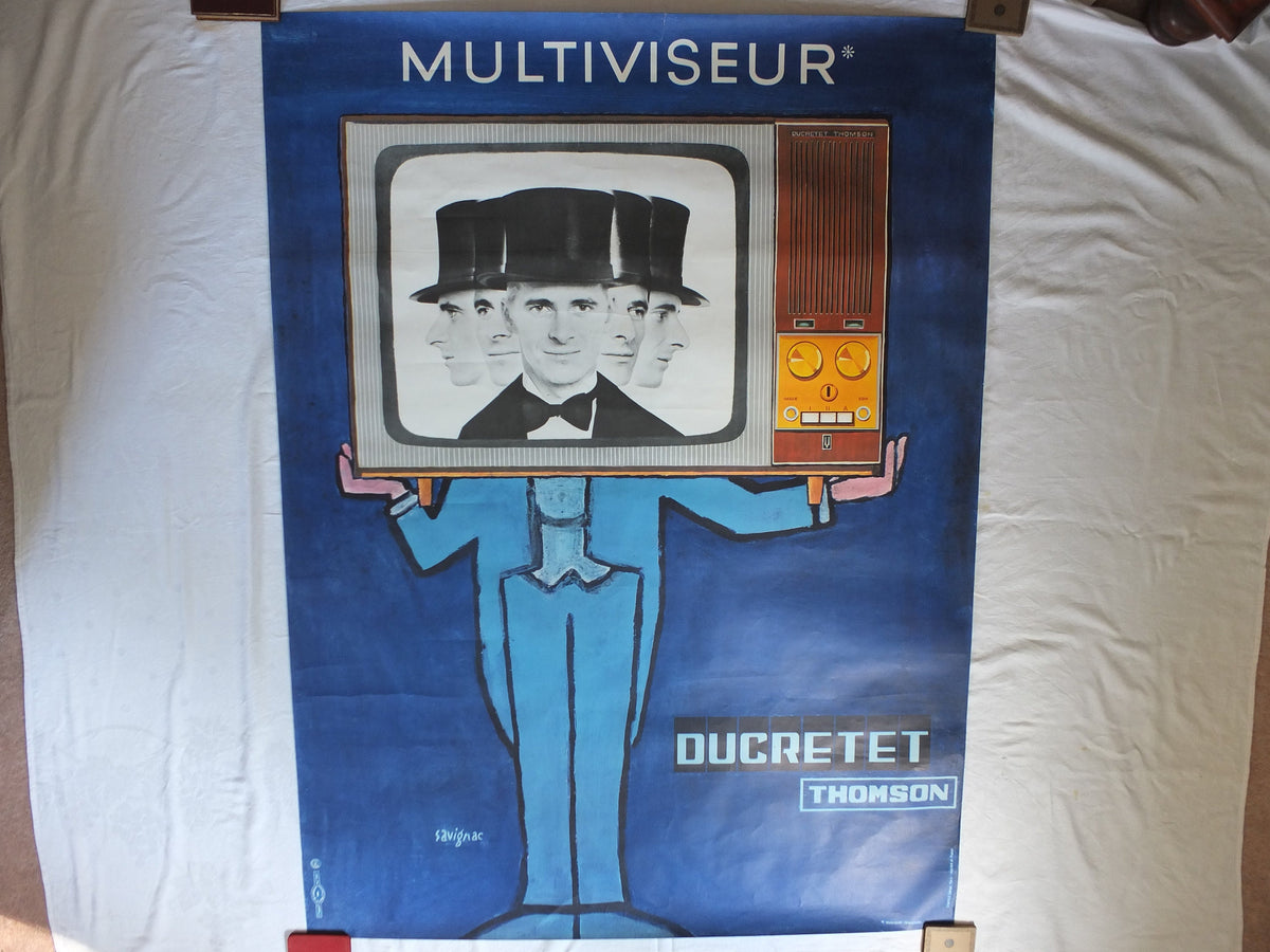 1965 Original Savignac Poster, Ducretet Thomson Television, blue multiviseur TV media, advertising wall art retro decor