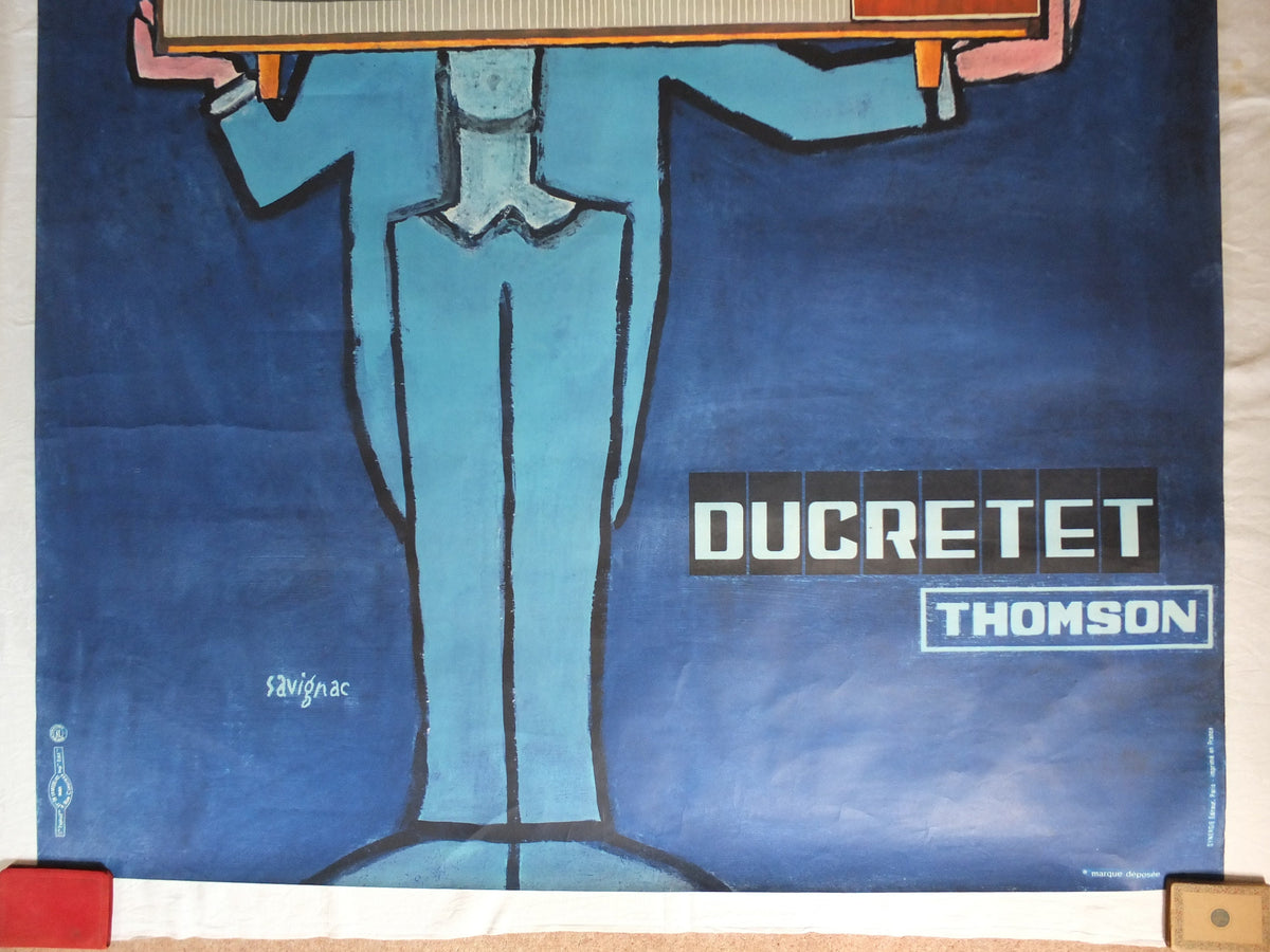 1965 Original Savignac Poster, Ducretet Thomson Television, blue multiviseur TV media, advertising wall art retro decor