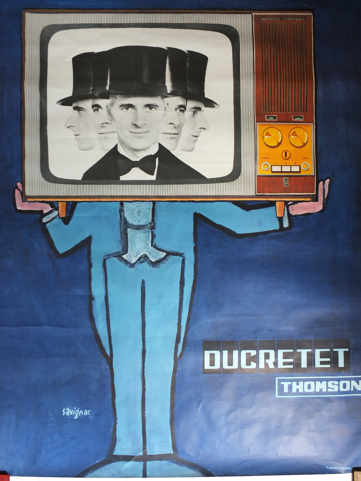 1965 Original Savignac Poster, Ducretet Thomson Television, blue multiviseur TV media, advertising wall art retro decor