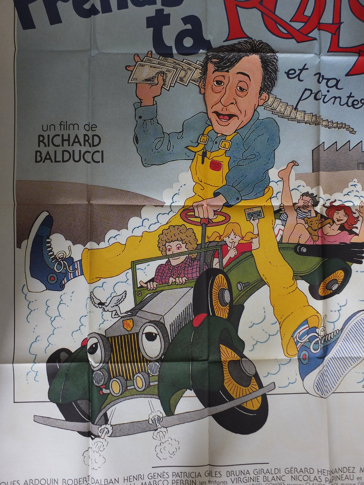 Original Vintage French Movie Poster Prends ta rolls et va pointer 1981 wall art affiche de film cartoon 1980s car yellow dungerees