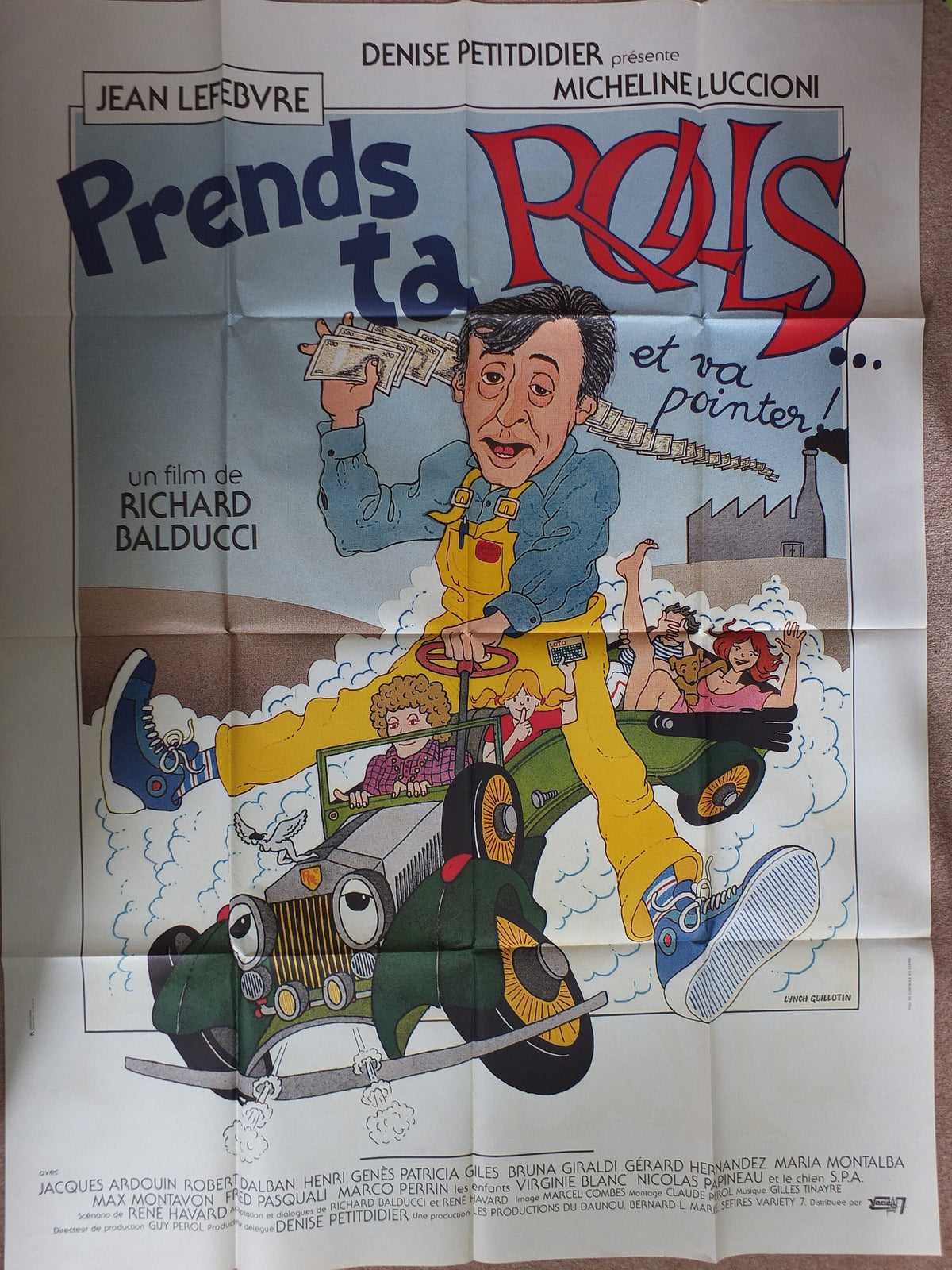 Original Vintage French Movie Poster Prends ta rolls et va pointer 1981 wall art affiche de film cartoon 1980s car yellow dungerees