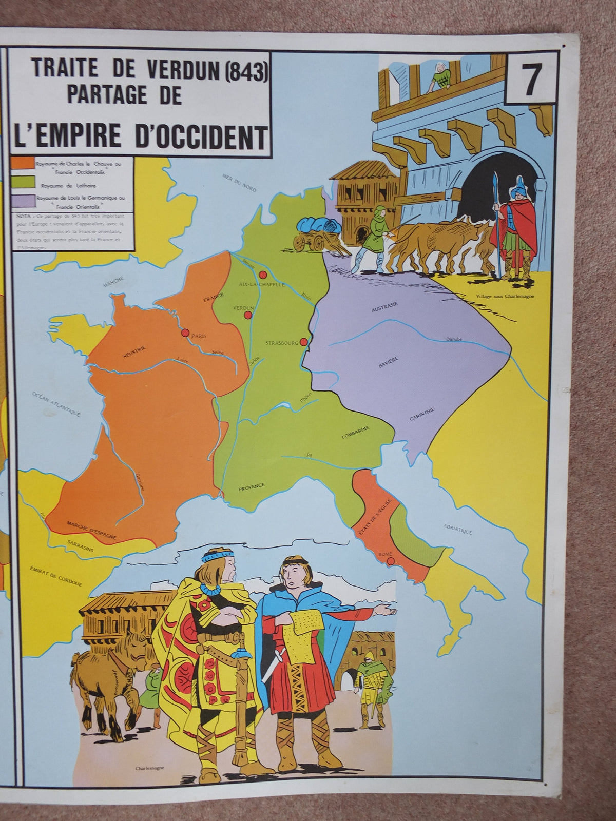 Original Vintage Rossignol French school poster Normans Charlemagne Treaty of Verdun Western Europe 1960s wall art