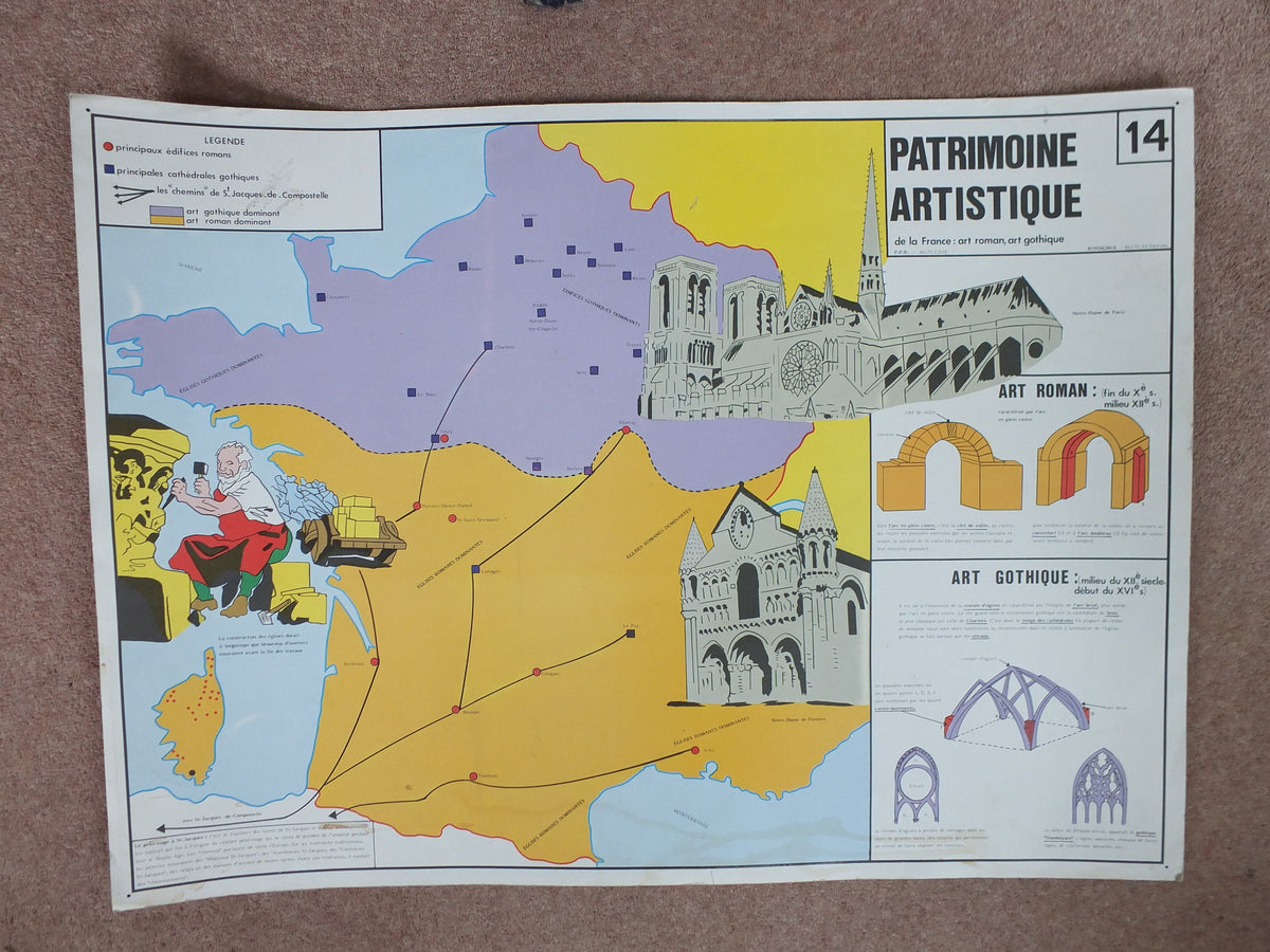 Original Vintage Rossignol French school poster gothic architecture lutece paris church cathedral masonry 1960s wall art