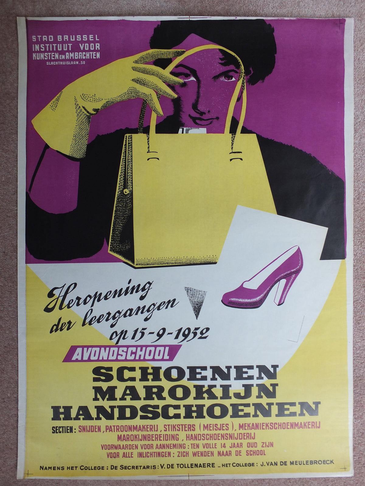 Vintage Handbag and Heels Poster, Brussels Institute of Arts and Crafts, gloves high heel shoes fashion Belgium wall art retro 1950s 1952