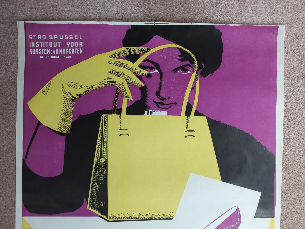 Vintage Handbag and Heels Poster, Brussels Institute of Arts and Crafts, gloves high heel shoes fashion Belgium wall art retro 1950s 1952