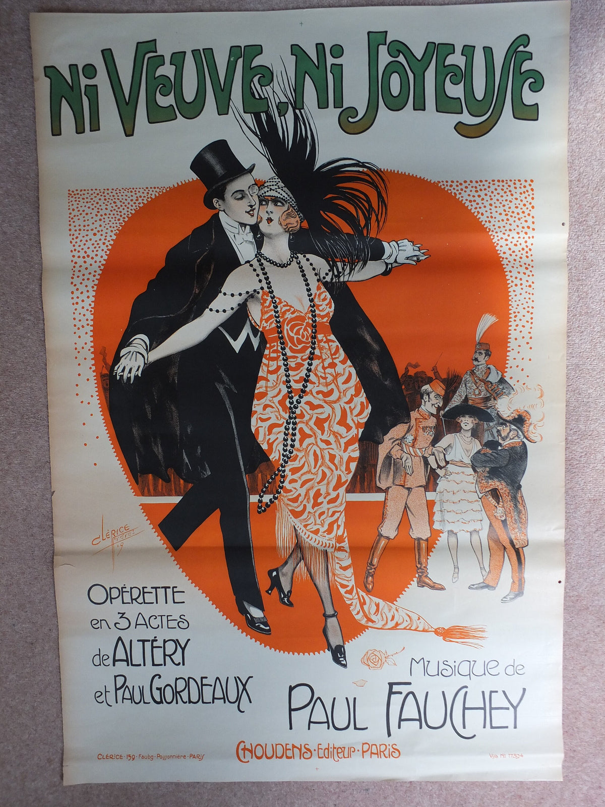 Original Vintage French poster Ni Veuve Ni Joyeuse theatre opera advertising art deco nouveau print Clerise wall art retro 1910s 1919