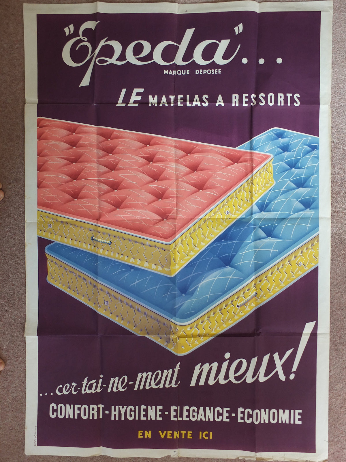 Original Vintage French poster Epeda mattress matelas le matelas a ressorts purple print wall art retro 1950s