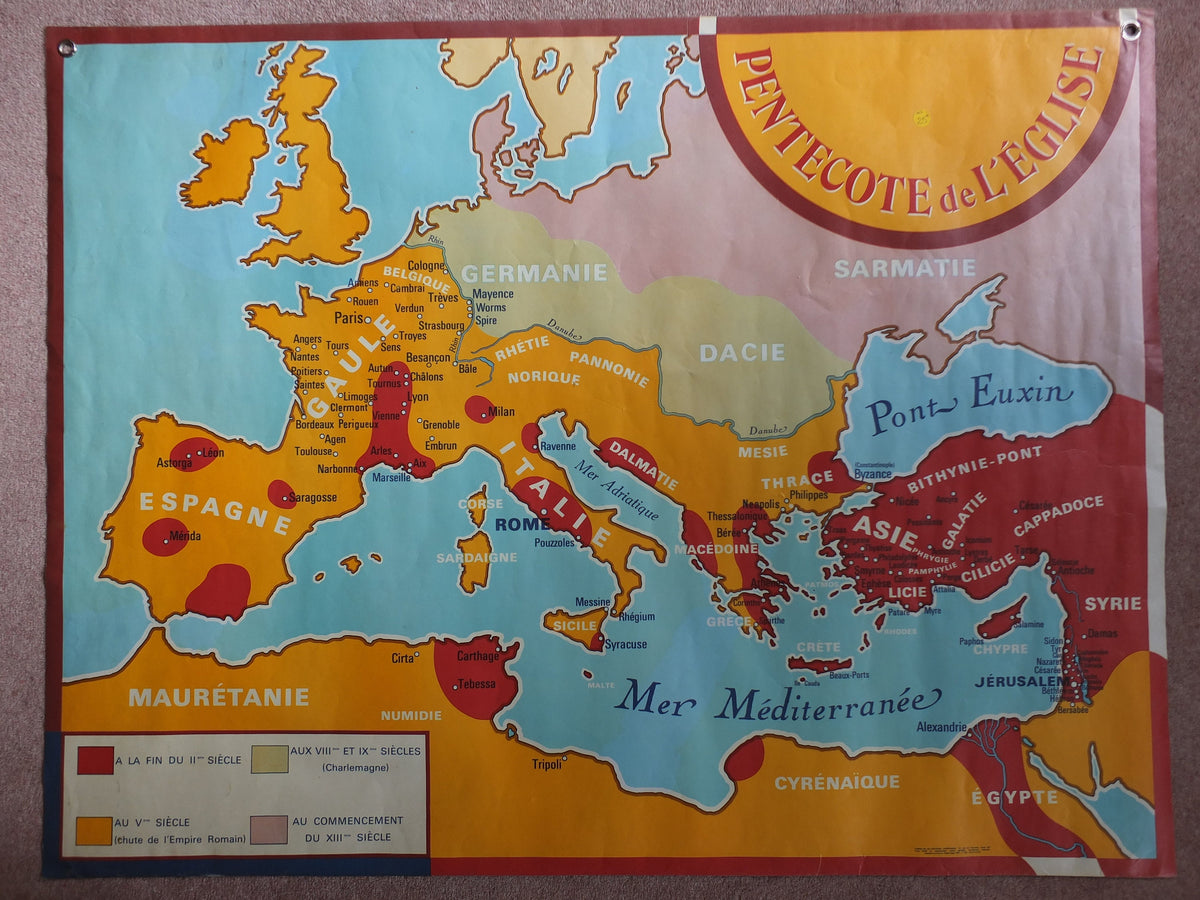 Original Vintage French school poster map Middle East fertile crescent Europe church pentecost Croissant Pentecôte L'église 1960s wall art