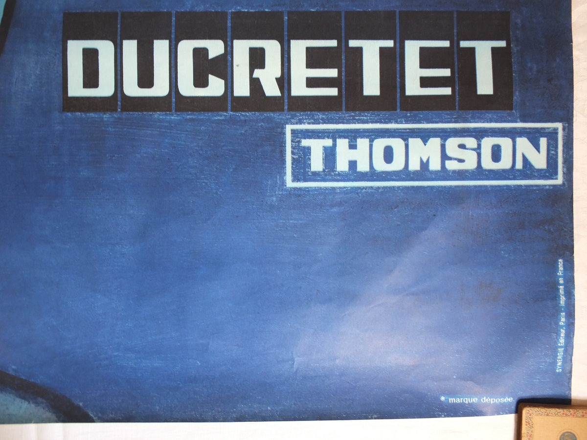 1965 Original Savignac Poster, Ducretet Thomson Television, blue multiviseur TV media, advertising wall art retro decor