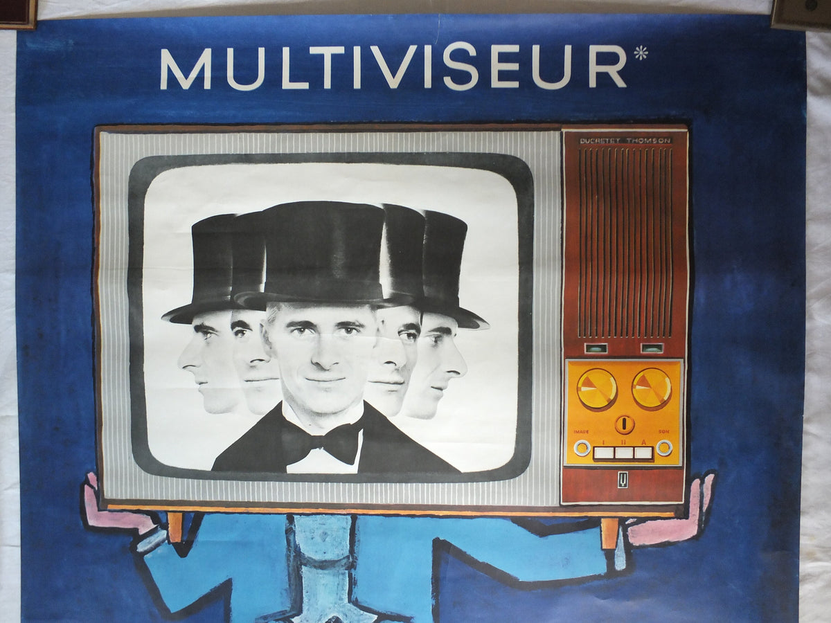 1965 Original Savignac Poster, Ducretet Thomson Television, blue multiviseur TV media, advertising wall art retro decor
