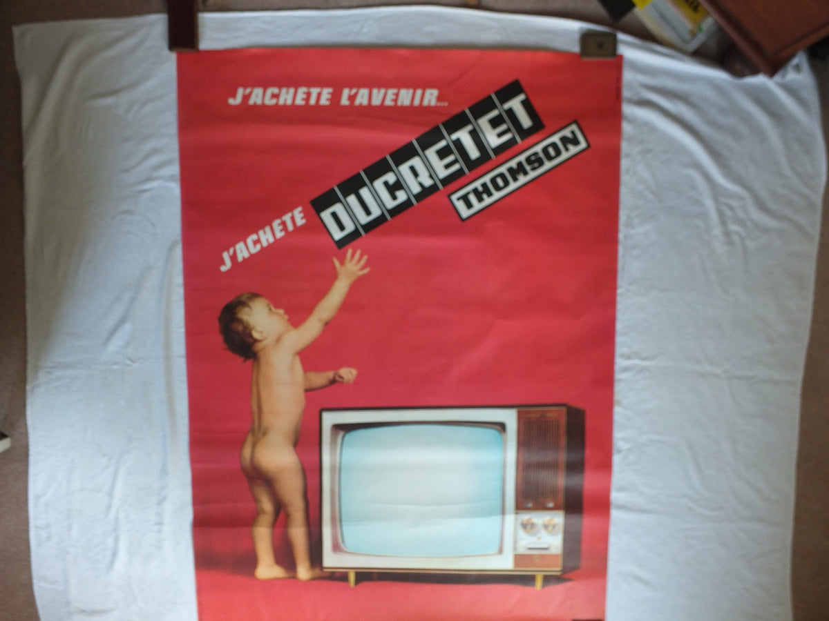 Vintage Baby Poster, French Ducretet Thomson, HOT pink, television j'achete l'avenir future advertising print wall art retro 1960s 1966