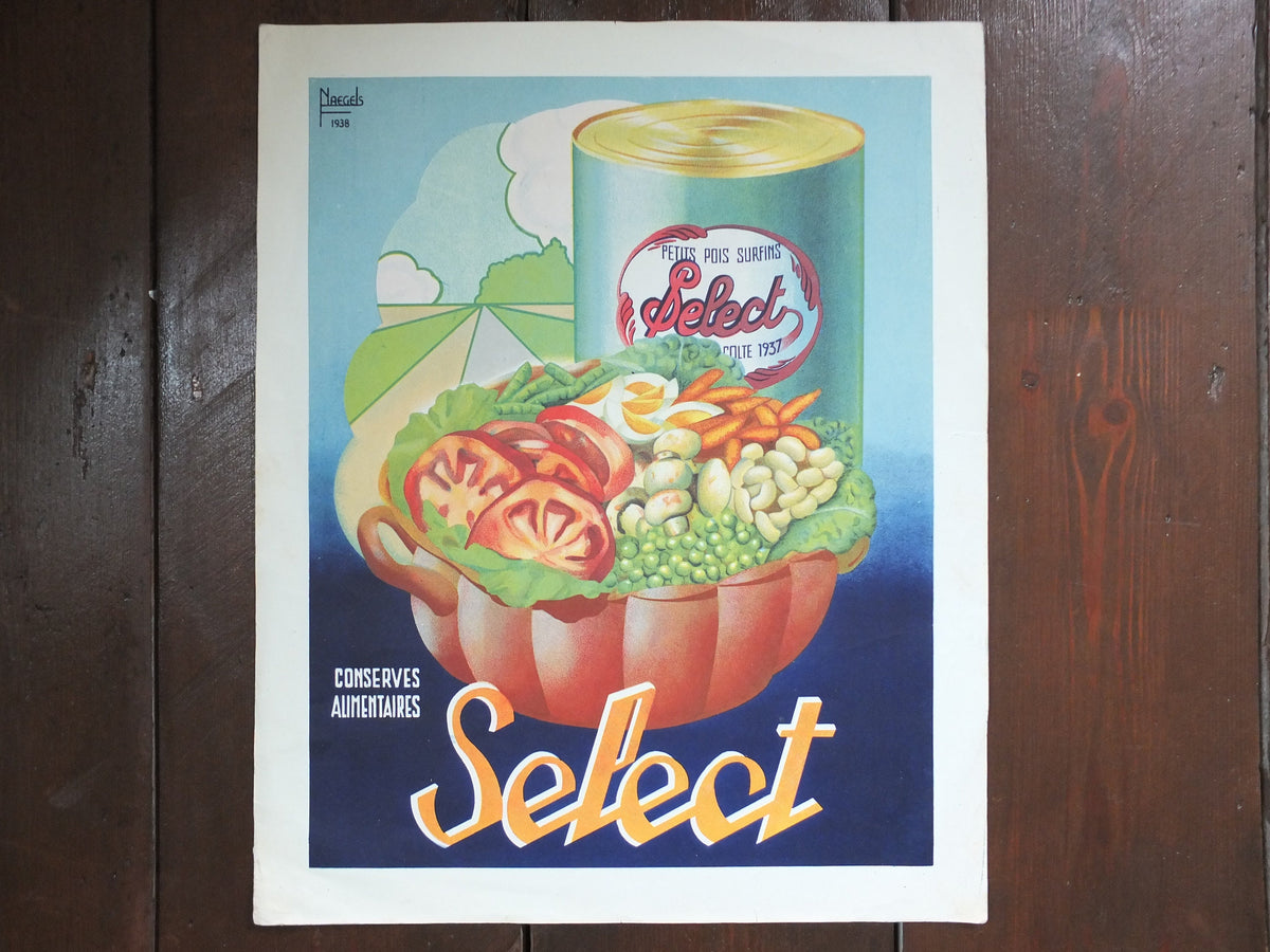 Vintage French Poster Select Naegels Kitchen canned vegetables peas carrots tomatoes conserves aumentaires print wall art retro 1930s 1950s