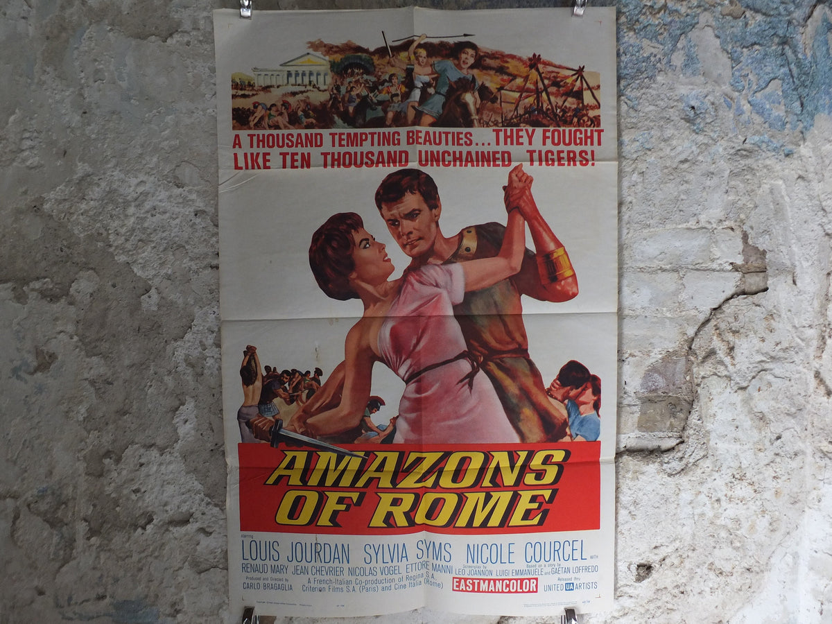 Original Vintage Movie Poster Amazons of Rome 1961 1960s wall art fight beauties love female warriors US one sheet cinema film memorabilia