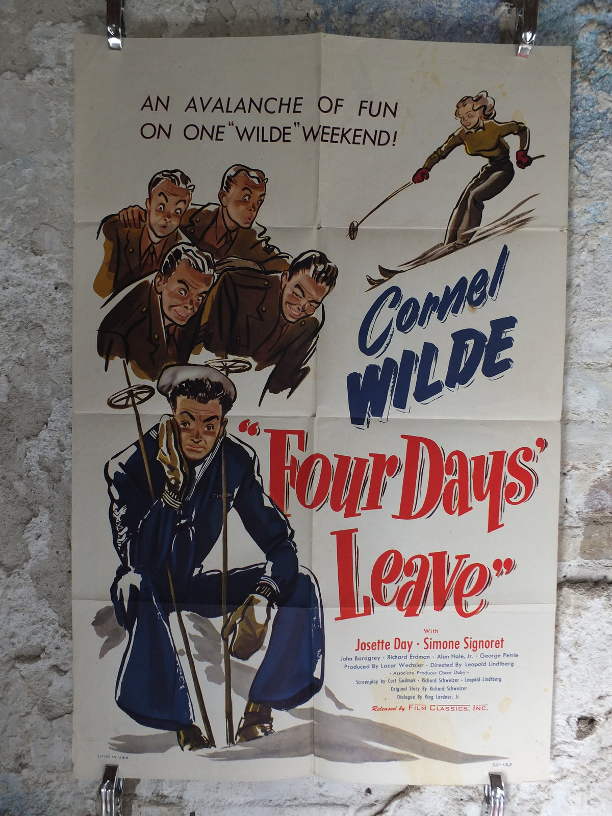 Original Vintage Movie Poster Four 4 Days Leave 1950 1950s wall art Cornel Wilde skiing ski alps sailor US one sheet cinema film memorabilia