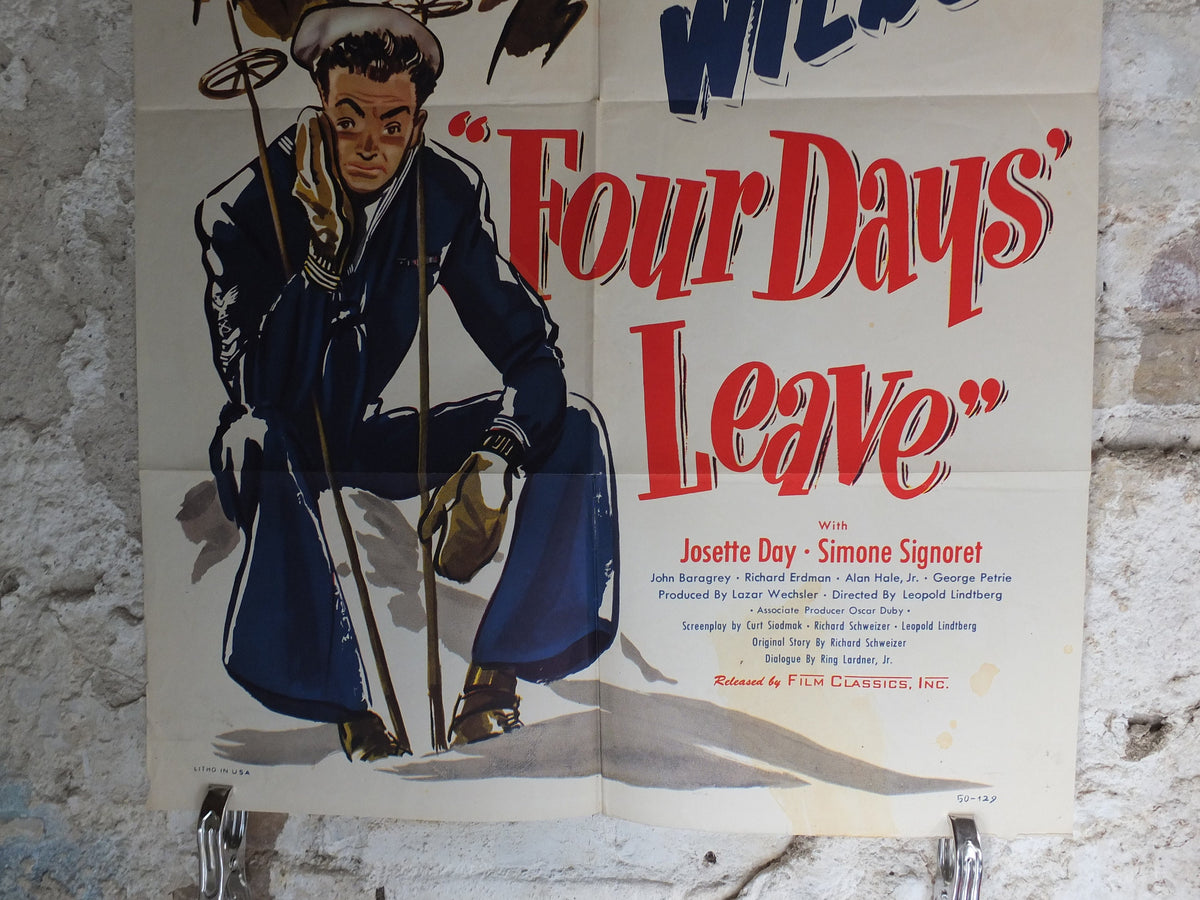 Original Vintage Movie Poster Four 4 Days Leave 1950 1950s wall art Cornel Wilde skiing ski alps sailor US one sheet cinema film memorabilia