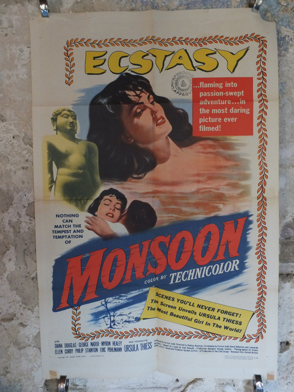 Original Vintage Movie Poster Monsoon 1952 1950s wall art Temptress Ecstasy passion dark beauty Ursula US one sheet cinema film memorabilia