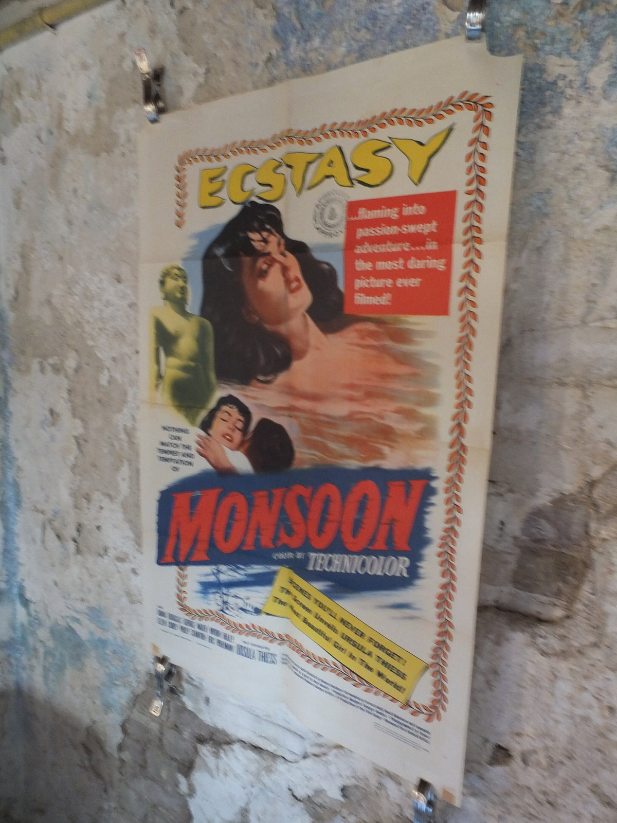 Original Vintage Movie Poster Monsoon 1952 1950s wall art Temptress Ecstasy passion dark beauty Ursula US one sheet cinema film memorabilia
