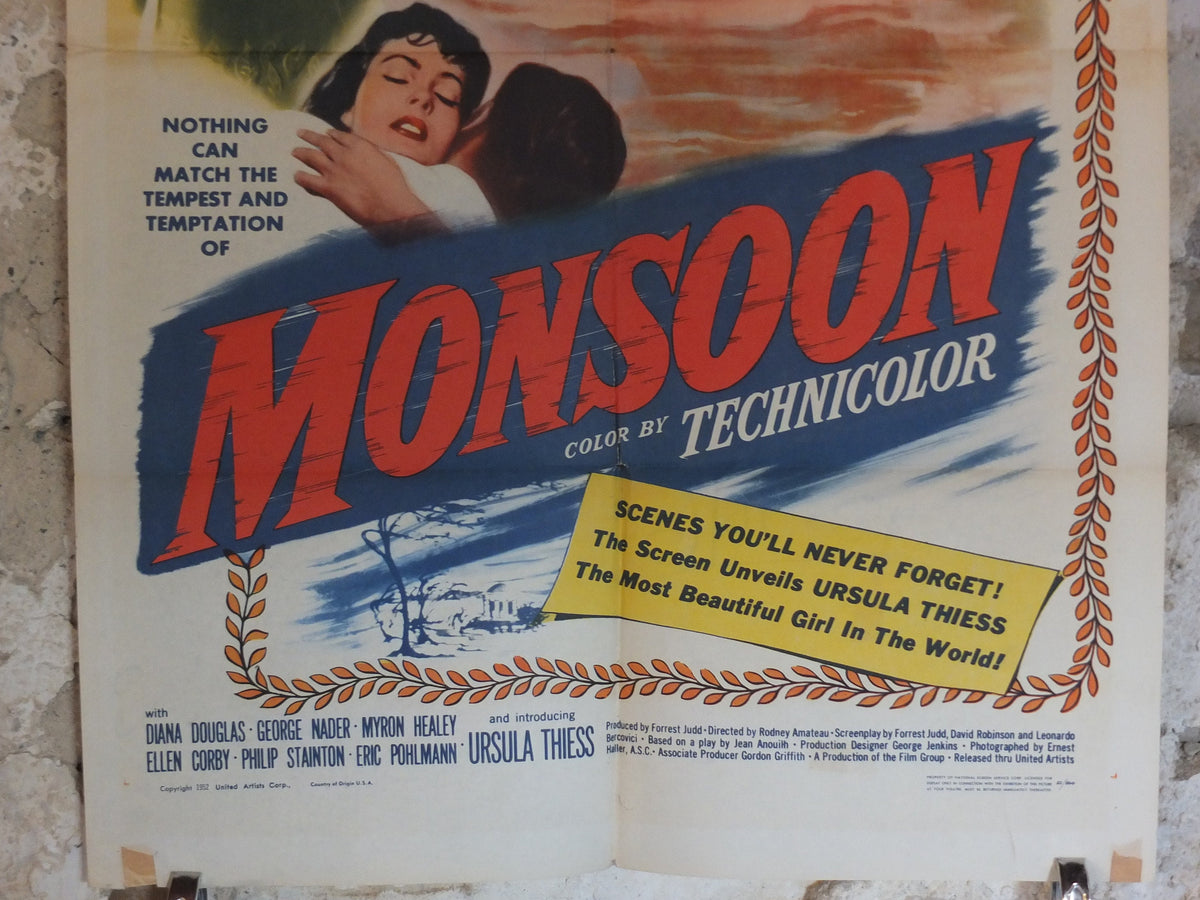 Original Vintage Movie Poster Monsoon 1952 1950s wall art Temptress Ecstasy passion dark beauty Ursula US one sheet cinema film memorabilia
