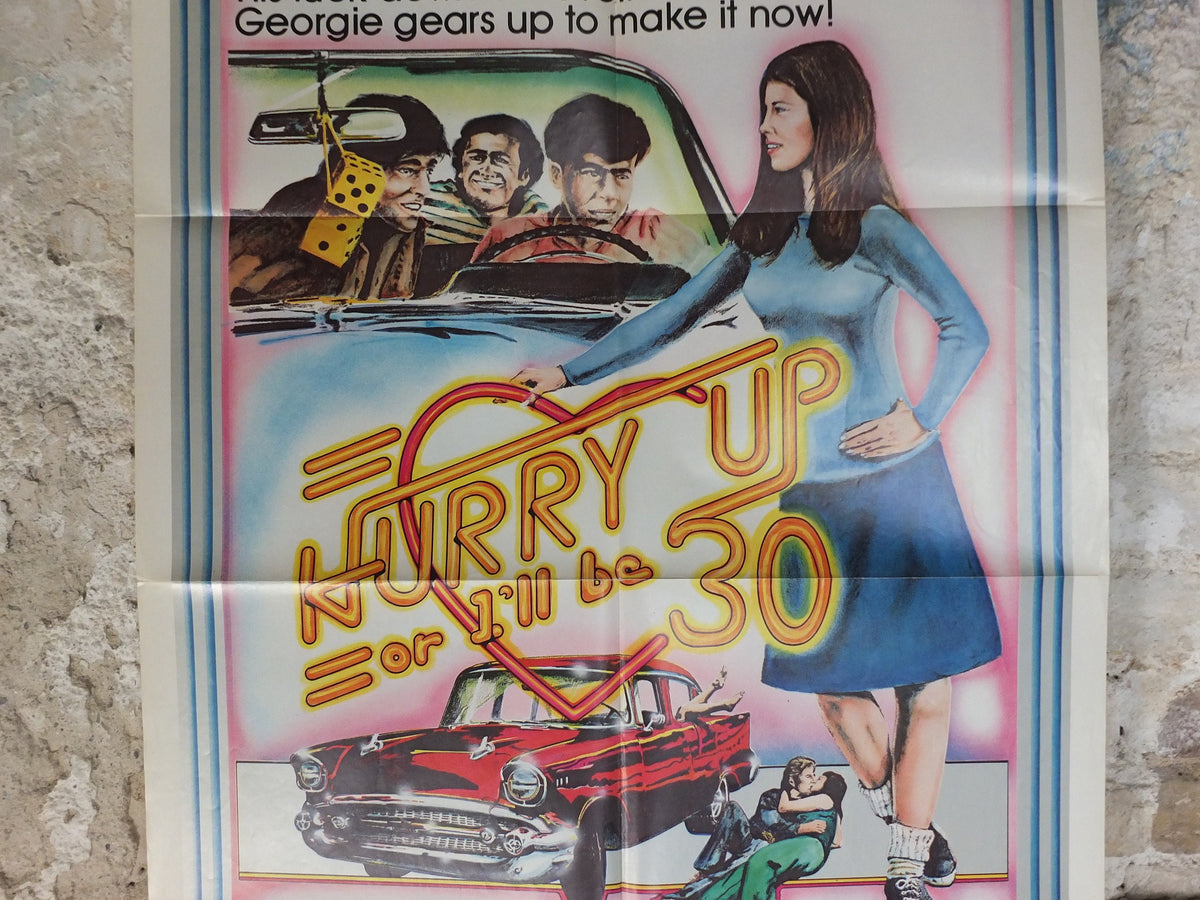 Original Vintage Movie Poster Hurry up or I'll be 30 1973 1970s wall art 30th birthday de vito red car US one sheet cinema film memorabilia