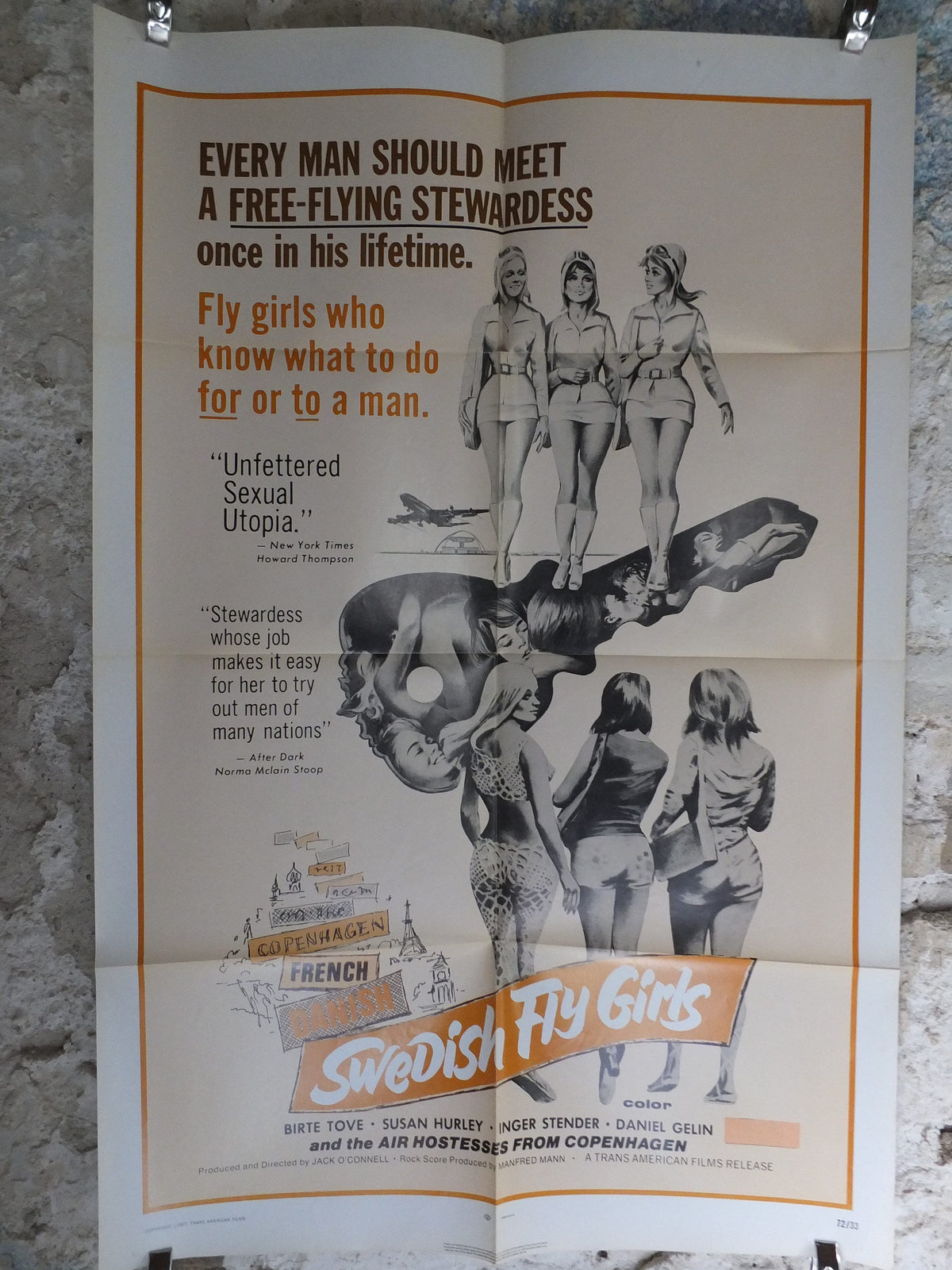 Original Vintage Movie Poster Swedish Fly Girls 1971 1970s wall art air hostess stewardess man cave US one sheet cinema film memorabilia