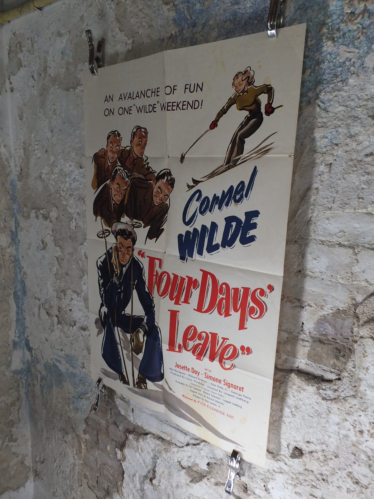 Original Vintage Movie Poster Four 4 Days Leave 1950 1950s wall art Cornel Wilde skiing ski alps sailor US one sheet cinema film memorabilia