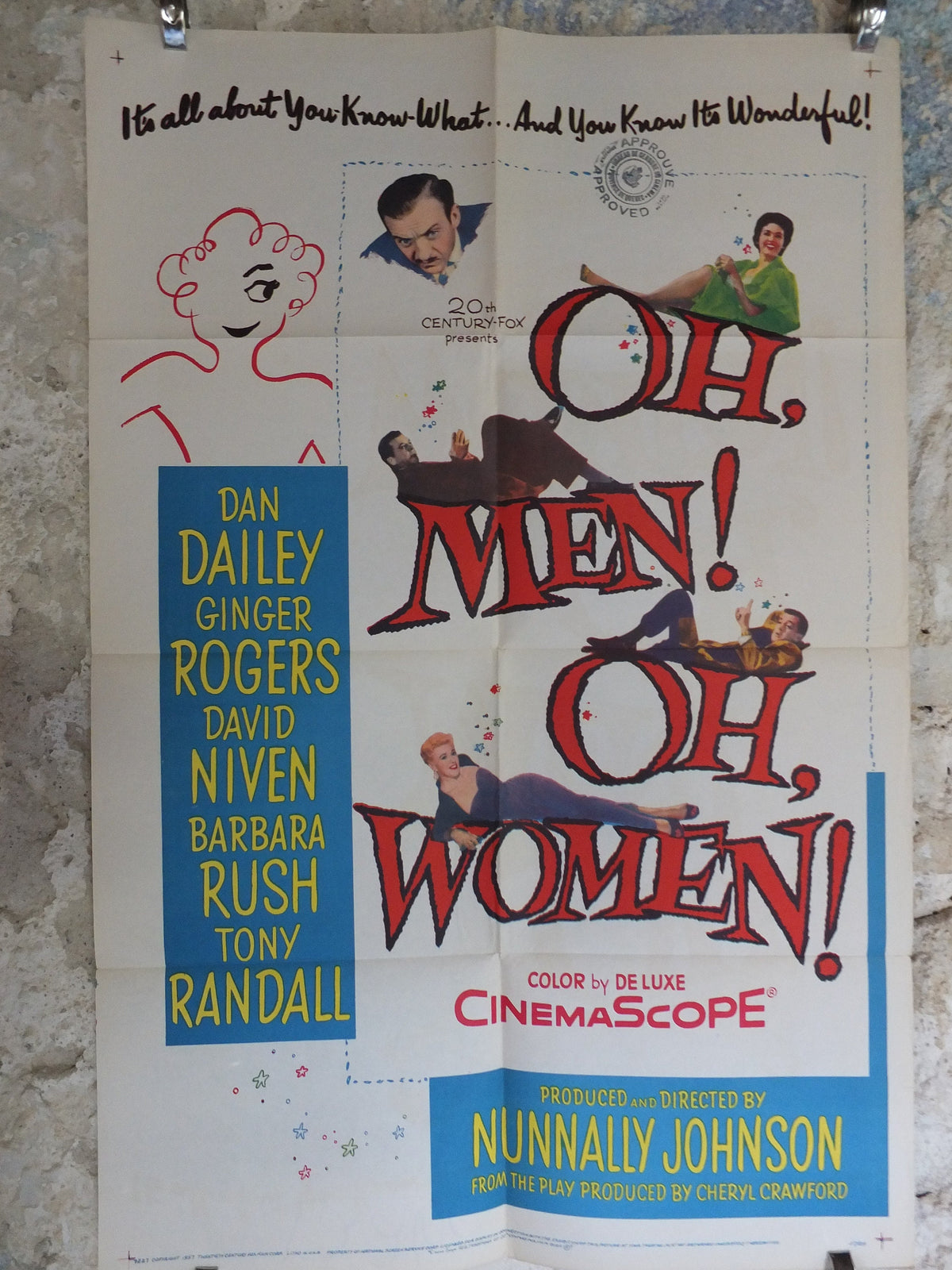 Original Vintage Movie Poster Oh Men Oh Women 1957 1950s wall art Ginger Rogers David Niven love comedy US one sheet cinema film memorabilia