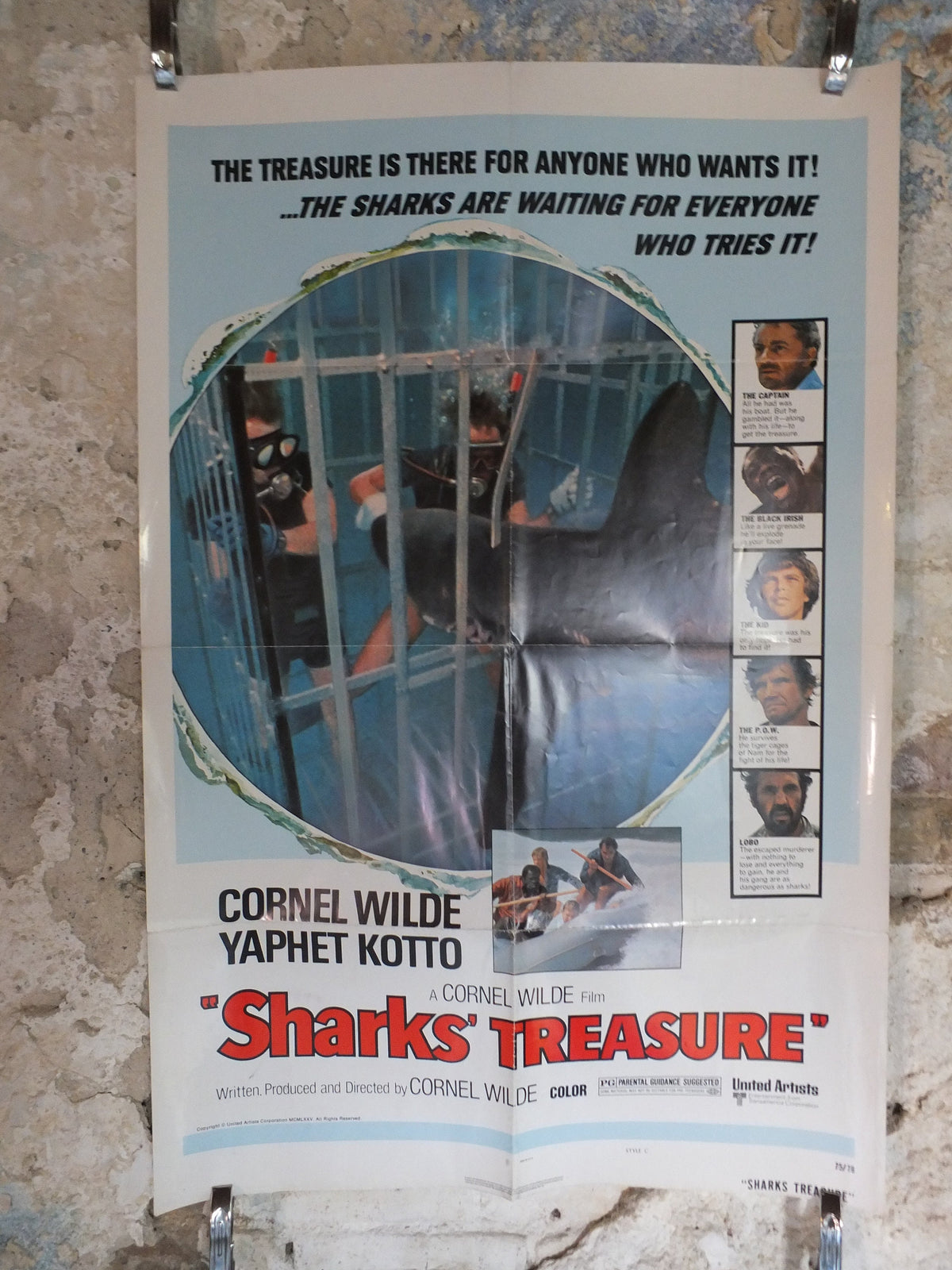 Original Vintage Movie Poster Sharks Treasure 1975 1970s wall art Cornel Wilde divers cage jaws swim US one sheet cinema film memorabilia