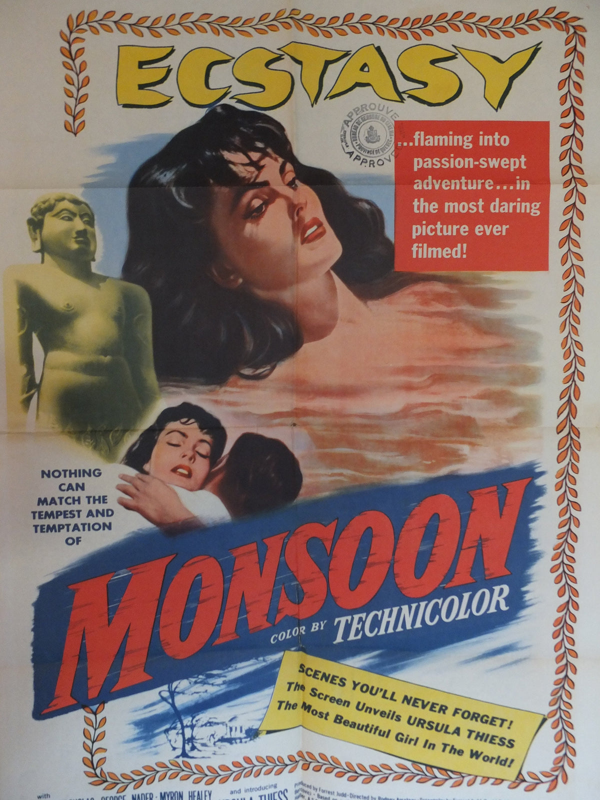 Original Vintage Movie Poster Monsoon 1952 1950s wall art Temptress Ecstasy passion dark beauty Ursula US one sheet cinema film memorabilia