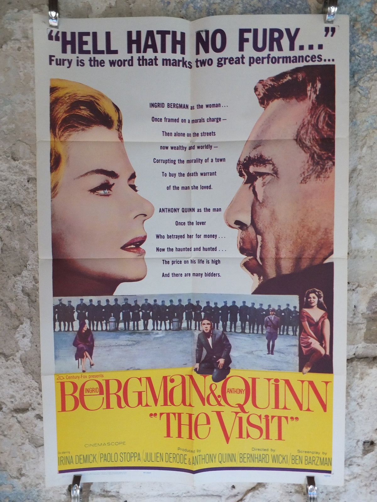 Original Vintage Movie Poster The Visit 1964 1960s wall art Hell hath Fury Ingrid Bergman Anthony Quinn US one sheet cinema film memorabilia