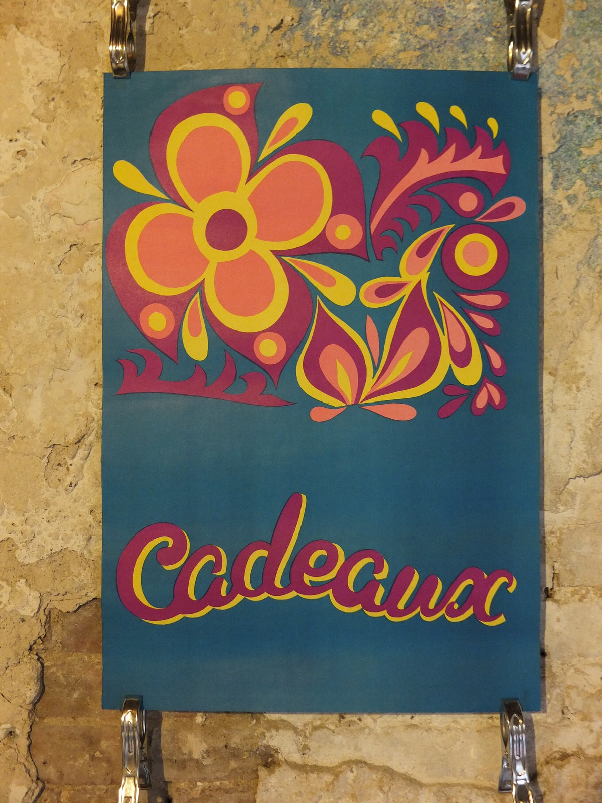 Vintage French Cadeaux Poster, gifts presents, treat, house and home, street advertising, wall art retro 1970s seventies rustic housewarming