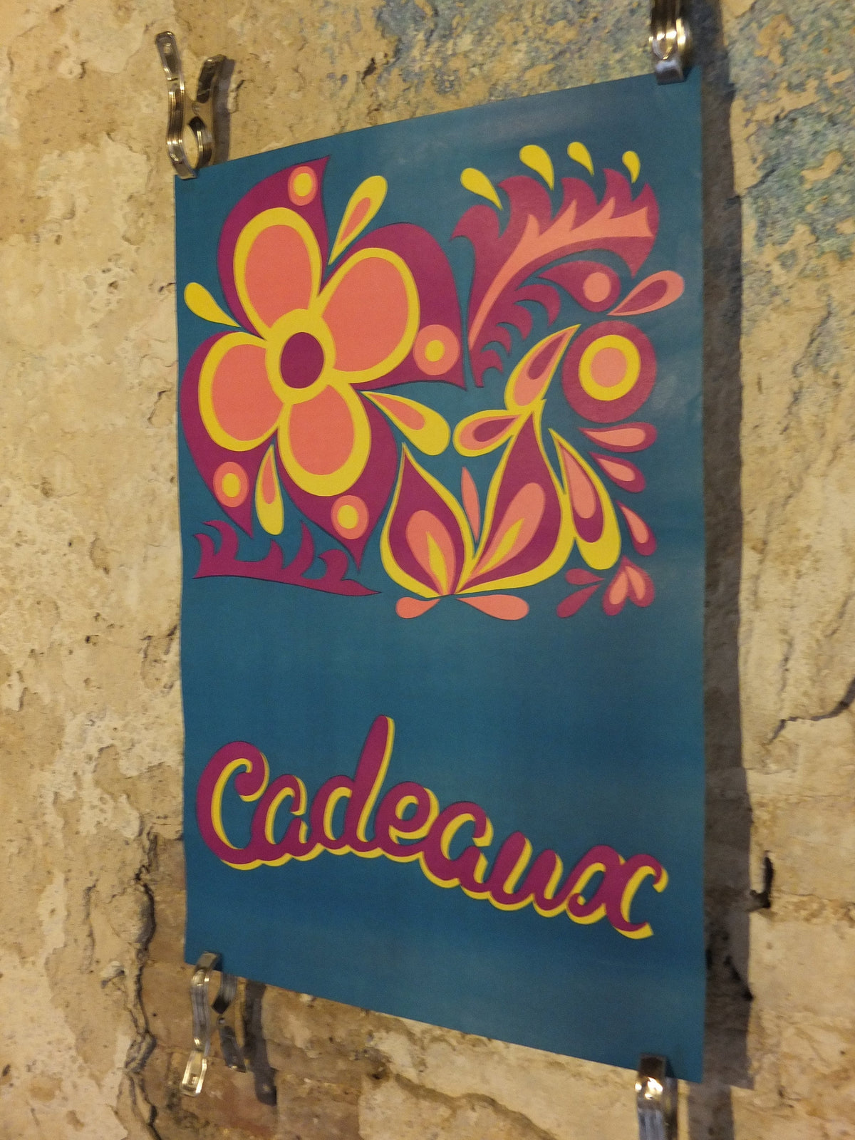 Vintage French Cadeaux Poster, gifts presents, treat, house and home, street advertising, wall art retro 1970s seventies rustic housewarming