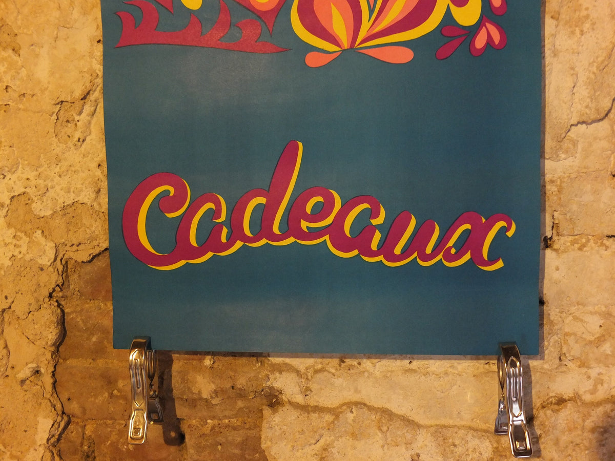 Vintage French Cadeaux Poster, gifts presents, treat, house and home, street advertising, wall art retro 1970s seventies rustic housewarming