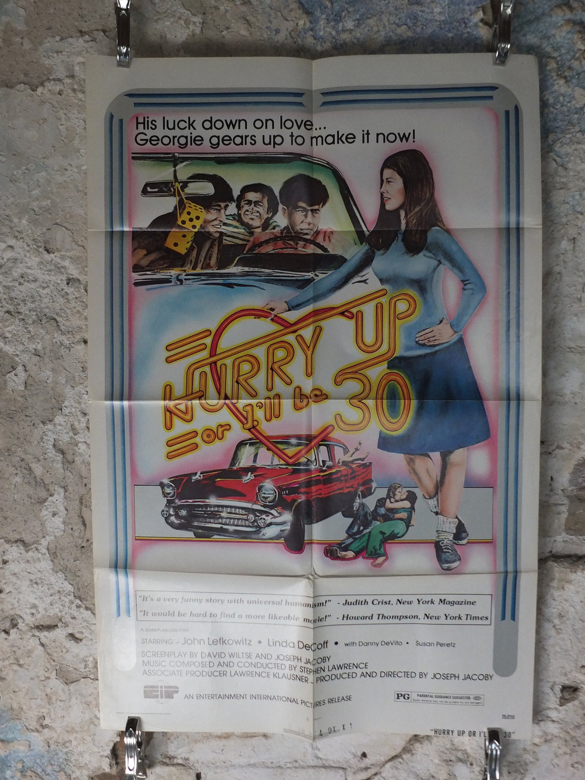 Original Vintage Movie Poster Hurry up or I'll be 30 1973 1970s wall art 30th birthday de vito red car US one sheet cinema film memorabilia