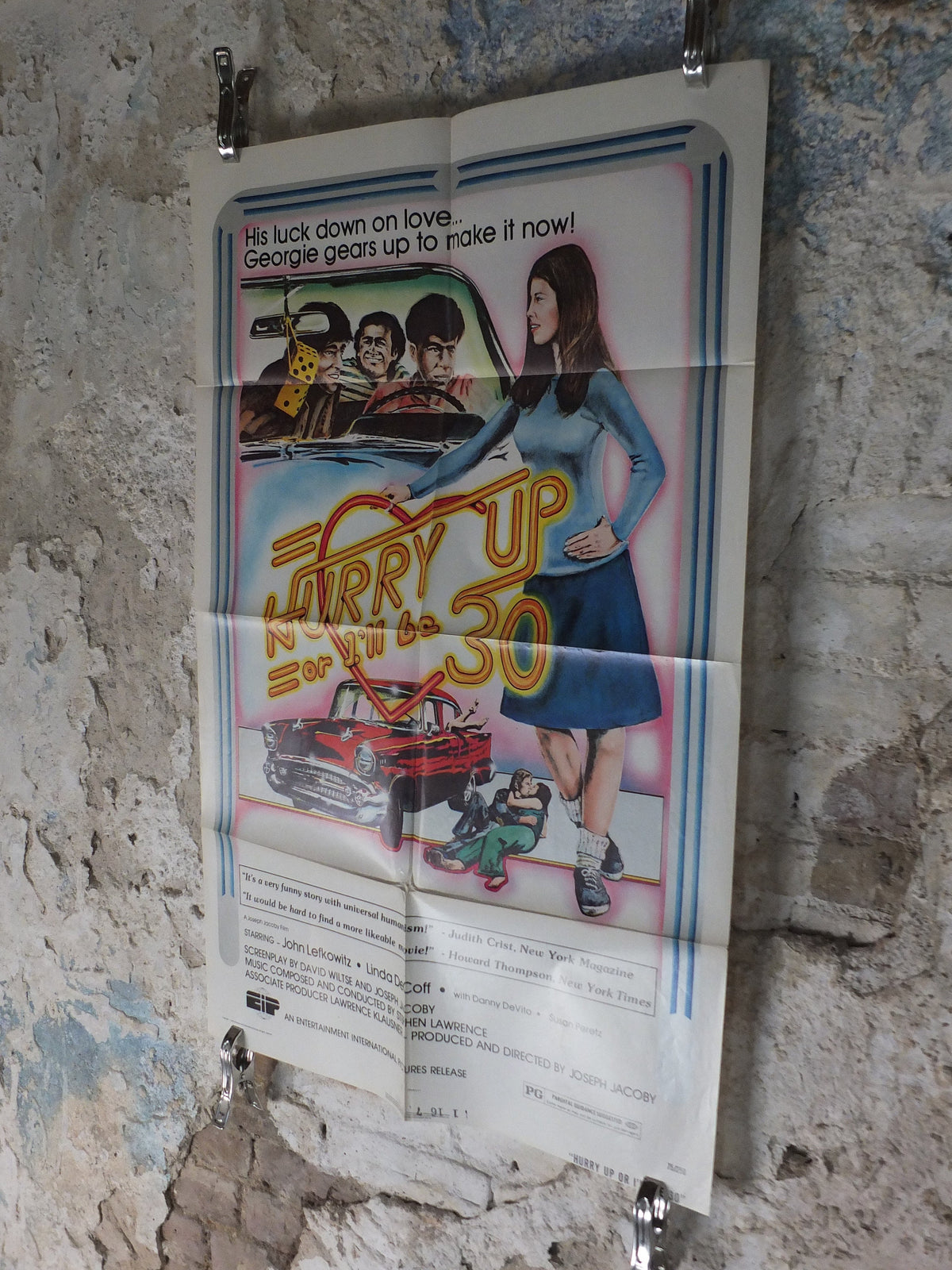 Original Vintage Movie Poster Hurry up or I'll be 30 1973 1970s wall art 30th birthday de vito red car US one sheet cinema film memorabilia