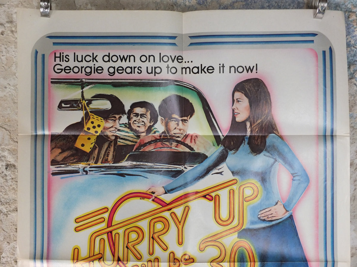 Original Vintage Movie Poster Hurry up or I'll be 30 1973 1970s wall art 30th birthday de vito red car US one sheet cinema film memorabilia