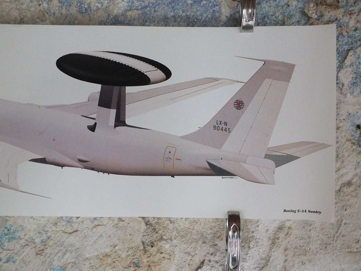 Original Vintage Poster Boeing E-3A Sentry by Keith Woodcock military air force airplane aeroplane wall art 1980s