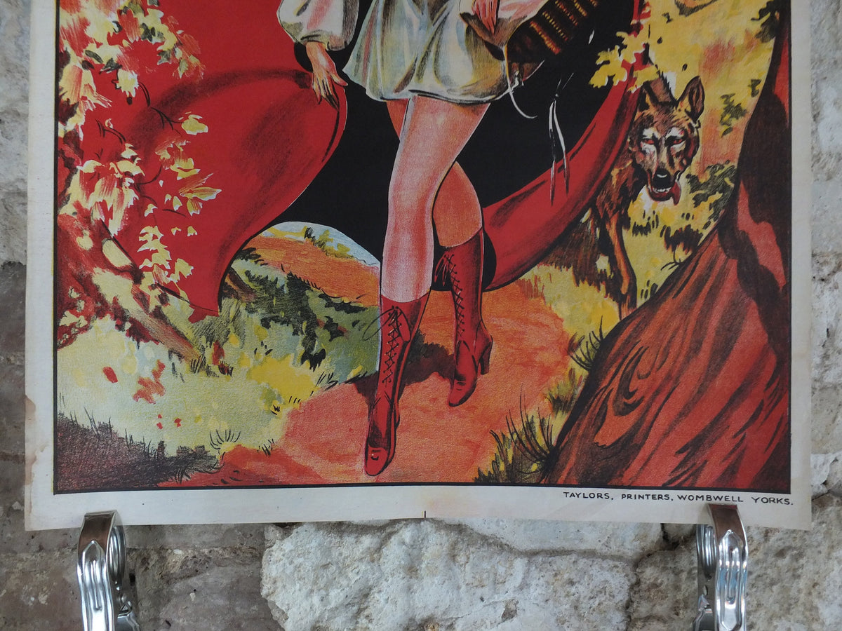 Original Vintage British Little Red Riding Hood Pantomime poster theatre taylors wombwell art deco nouveau print lithograph wall art 1930s