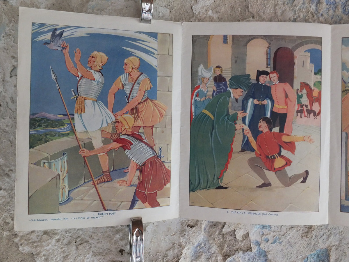 Original Vintage British Child Education The Story of Post Poster art deco print pigeon medieval post bag mail coach wall art 1939 1930s