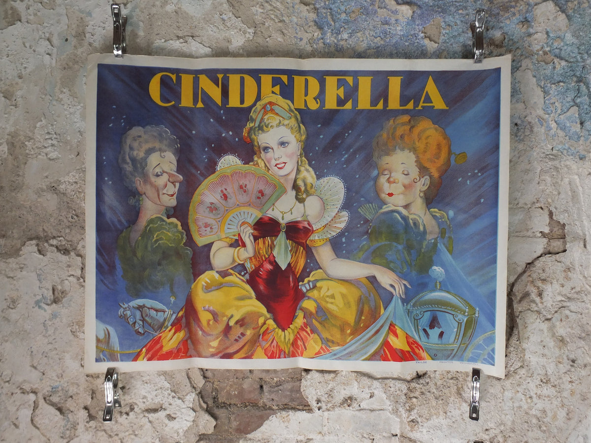1930s Cinderella Poster, Pantomime theatre, Taylors of Wombwell, British panto, original lithograph wall art decor