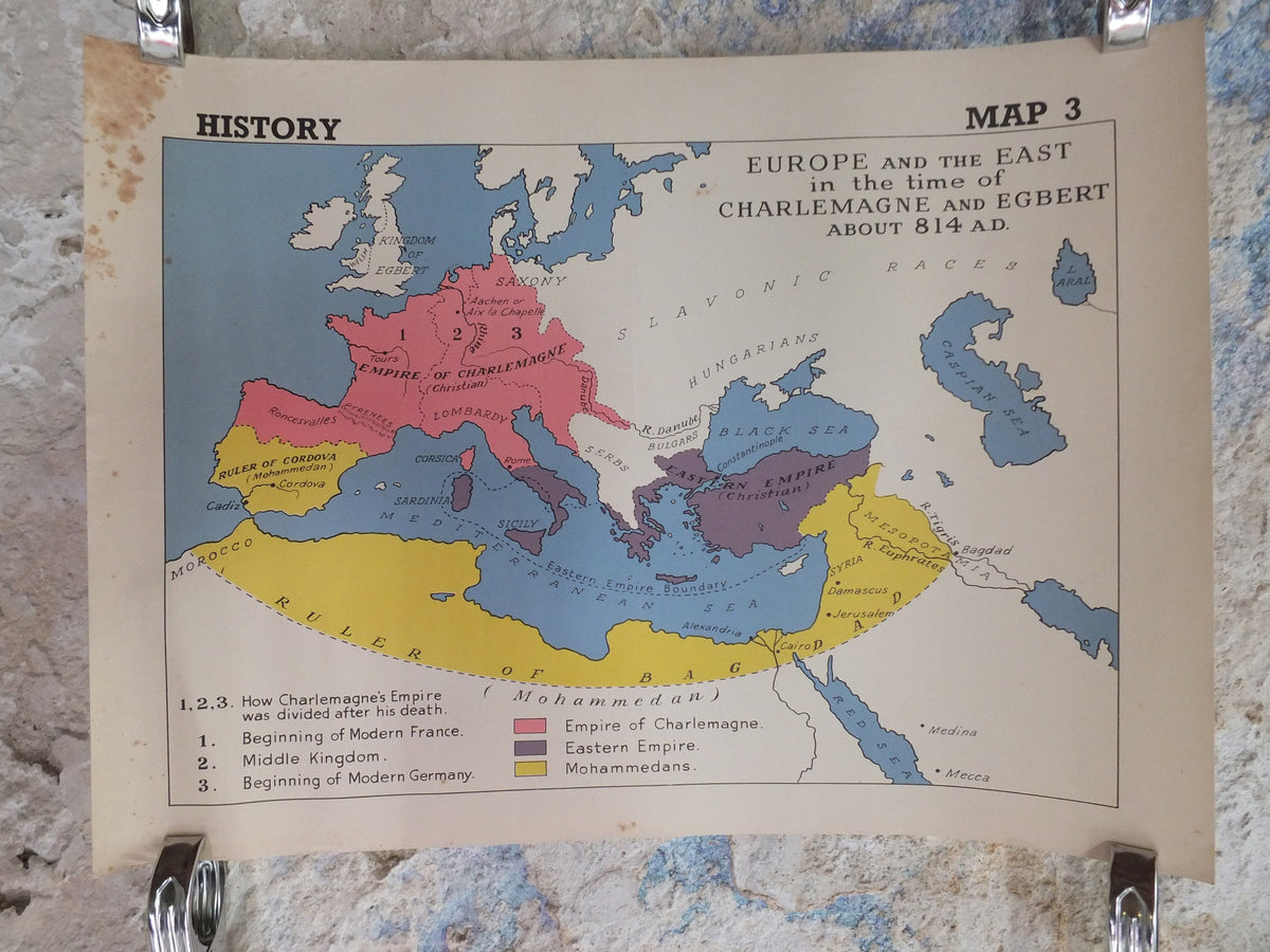 Original Vintage British Educational Geography Map Charlemagne Franks Dark Middle Ages Europe historical Poster print wall art 1950s