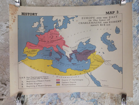 Original Vintage British Educational Geography Map Charlemagne Franks Dark Middle Ages Europe historical Poster print wall art 1950s
