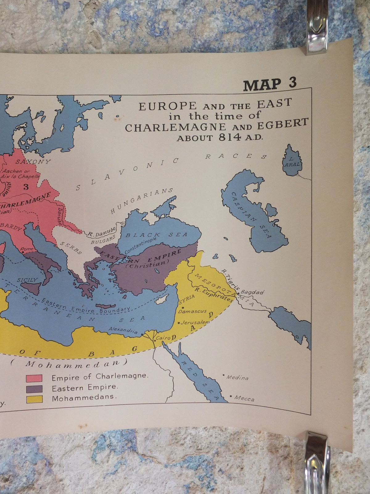 Original Vintage British Educational Geography Map Charlemagne Franks Dark Middle Ages Europe historical Poster print wall art 1950s