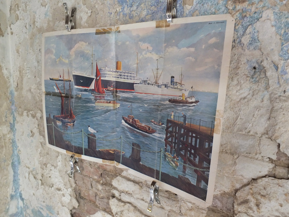 Original Vintage British Child Education Ships on a busy River Poster mid century print Alex Packham wall art 1958 1950s